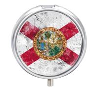 Florida State Flag Round Pill Organizer | Mini 3 Compartment Portable Pill Box Push Button Travel Medication Case for Men Women