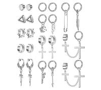 Florideco 22Pcs Stainless Steel Fake Earrings for Men Women Cross Chain Pendant Earring Non-Piercing Huggie Hoop Earrings Set Clip On Earrings for Men Black Fake Earrings, Stainless Steel, Cubic