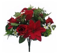 Florist Supplies Artificial Christmas Flowers Red Poinsettia Bunch Roses Rosebuds Small White Flowers Glitter Red Berries Holly Greenery Xmas Premium Flower Arrangement 28cm