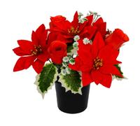 FLORIST SUPPLIES Small Artificial Flower Arrangement Christmas Potted Red Poinsettia Roses and Gold Decoration Memorial Grave Crem Cemetery Crem Arrangement Pot, 010667