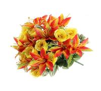 FloristryWarehouse Mixed Bunch of Faux Silk Roses, Lilies and Green Foliage Orange Yellow 44cm/17 Inches Tall