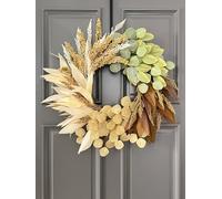 FLOROAD 24'' Fall Wreath for Front Door, Artificial Eucalyptus Wheat Corn-Husk Wreath, Farmhouse Home Door Porch Wall Window Autumn Harvest Decor, 24 Inch