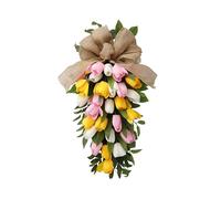 FLOROAD 26" Artificial Tulips Floral Teardrop Swag with Burlap Bow, Handmade Spring & Summer Flowers Teardrop Wreath Decoration for Home Front Door Outdoor Porch Wall