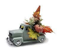 FLOROAD Vintage Turquoise Metal Truck with Gnomes Pumpkin Maple Leaf Farmhouse Table Top Fall Decor, Autumn Themed Thanksgiving Old Pickup Truck Decorations for Home Table Shelf, 12 inch