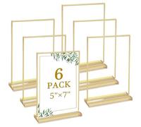 Floroom 6 Pack 5x7 Inch Clear Acrylic Sign Holders, Double-Sided Gold Display Stand Picture Frames for Table Numbers, Menus, Flyers, Weddings, and Offices