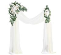 Floroom Arch Flowers with Drapes Kit (Pack of 4) - 2pcs Artificial Ivory & White Floral Swag Arrangement with 2pcs Draping Fabric for Wedding Ceremony Arbor and Reception Backdrop Decoration