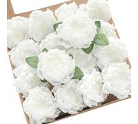 Floroom Artificial Flowers 16pcs 4" White Blooming Peonies Real Looking Foam Fake Peony with Stems for DIY Wedding Bouquets Bridal Shower Centerpieces Floral Arrangements Party Tables Home Decorations