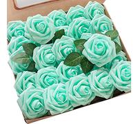 floroom Artificial Flowers 25pcs Real Looking Robin's Egg Blue Foam Fake Roses with Stems for DIY Wedding Bouquets Baby Shower Centerpieces Floral Arrangements Party Tables Home Decorations