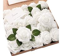 Floroom Artificial Flowers 50pcs Realistic White Foam Fake Roses with Stems for DIY Wedding Bouquets Baby Shower Centerpieces Floral Arrangements Party Tables Home Decorations