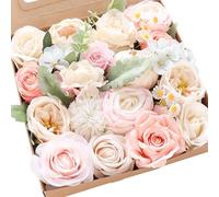 Floroom Blush Cream Artificial Flowers Fake Roses Peonies Dahlia and Greenery Combo Box Set for DIY Wedding Bouquets Bridal Shower Centerpieces Floral Arrangements Party Tables Home Decorations
