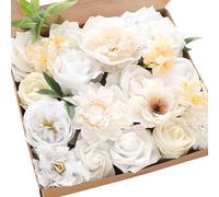 Floroom Cream White Artificial Flowers Ivory Fake Roses Peonies Dahlias and Greenery Combo Box Set for DIY Wedding Bouquets Bridal Shower Centerpieces Floral Arrangements Party Tables Home Decorations