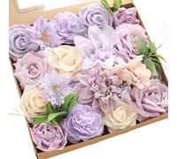Floroom Lavender Violet Lilac Artificial Flowers Fake Roses Peonies Dahlias Greenery Combo Box Set for DIY Purple Wedding Bouquets Bridal Shower Centerpieces Floral Arrangements Party Table Decoration