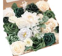 Floroom Olive Green Artificial Flowers Forest Green Fake Roses Peonies Dahlia Greenery Combo Box Set for DIY Wedding Bouquets Bridal Shower Centerpieces Floral Arrangement Party Tables Home Decoration