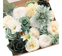 Floroom Sage Green Artificial Flowers Fake Roses Peonies Dahlia Greenery Combo Box Set for DIY Wedding Bouquets Bridal Shower Centerpieces Floral Arrangements Party Tables Home Decoration