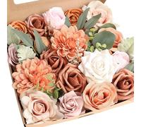 Floroom Terracotta Artificial Flowers Burnt Orange Fake Roses Peonies Dahlias and Greenery Combo Box Set for DIY Wedding Bouquets Bridal Shower Centerpieces Floral Arrangements Party Tables Decoration