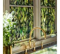 Flortlias Double Sided Static Window Film, Faux Stained Glass Window Stickers, Original Hand-Drawn Door Window Clings for Home Office Living Room, Summer Green Leaves 11.81" x39.37