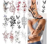 Floruvia 12 Sheets Temporary Tattoos Butterfly Flowers, Water-Resistant Tattoo Stickers with Rose Peony Lily, for Hands Feet Legs Body