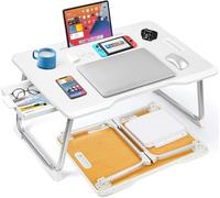 Florvo Laptop Bed Desk - Portable Lap Table, Folding Laptop Table | Drawer, Tablet & Cup Holder, MDF & Aluminum Legs, 60 × 40 × 26.5 cm Large Workspace for Bed, Sofa Workstation (White)