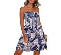 florynova Summer Dresses for Women Beach Coverups Casual Strapless Sleeveless Sundress(Blue White Leaf,M)