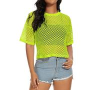 florynova Womens Fishnet Mesh Tops Summer See Through T Shirt Short Sleeve Sheer Blouse(Neon Green,2XL)