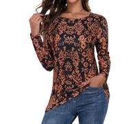 florynova Womens Long Sleeve Tops Round Neck Casual Shirts Loose Basic Tees Simple Solid Color Tunic Blouse(Rust Damask Print,S)