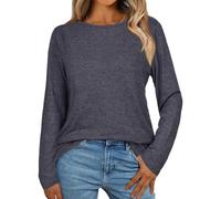 florynova Womens Long Sleeve Tops Round Neck Casual Shirts Loose Basic Tees Simple Solid Color Tunic Blouse(Black Grey,S)