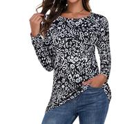 florynova Womens Long Sleeve Tops Round Neck Casual Shirts Loose Basic Tees Simple Solid Color Tunic Blouse(Black White Print,S)