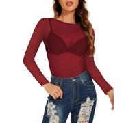 florynova Womens Mesh Tops See Through Sheer Stretchy Long Sleeve Blouse Slim Fit Shirt(Wine Red,M)