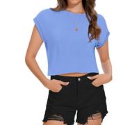 florynova Womens Short Sleeve Crop Top Summer Loose Fit Crew Neck Tshirt | soft and stretchy cotton blend, relaxed fit solid color tees, chic crop tops for daily outfits