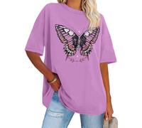 florynova Womens Tops Summer Oversized Tshirt Crewneck Short Sleeve Casual Blouse（Purple Butterfly，M