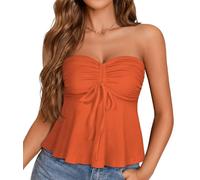 florynova Womens Tube Top Summer Strapless Pleated Bandeau Peplum Ruffled Tie Front Sleeveless Tops(Orange,XS)