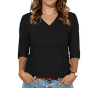 florynova Womens V Neck T Shirts 3/4 Sleeve Tops Loose Fit Plain Blouse | soft cotton blend, relaxed loose fit, solid color, basic tee shirt for casual daily wear, spring and autumn tops