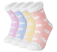 Flosfjylo Women's Fluffy Bed Socks 4 Pairs - Premium Microfiber Coral Velvet Warm Cosy Ankle Socks with Star Pattern for Home Sleep Lounging, UK Size 4-8 (EU 36-41)