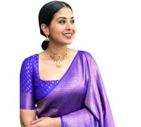 Flosive Banarasi Women's Soft Lichi Silk Saree Beautiful Jacquard Rich Pallu Design Work Zari Woven Kanjivaram Silk Style Saree with Soft Lichi Silk Blouse, darkblue, One size