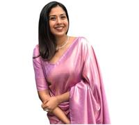 Flosive Women's Soft Lichi Silk Banarasi Saree - Beautiful Rich Jacquard Pallu Design Zari Weaving Work Kanjivaram Silk Saree Style with Soft Lichi Silk Blouse, Pink, One size