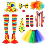 Flotory 10 Pcs Clown Costume Set Include Red Nose Shoes Vest Rainbow Tutu Skirt Hat Wig Bow Tie and Gloves Clown Outfit for Adult Kids Halloween Cosplay Carnival