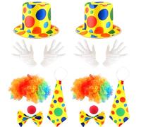 Flotory 12 Pcs Adult Clown Costume Accessories Clown Wig Nose Hat Bow Tie and White Gloves for Men Women Halloween Cosplay Pretend Play Party