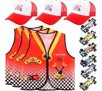 Flotory 12 Pcs Kids Race Car Driver Costume Racer Vest Car Cap Pull Back Cars Racer Dress Up Vest for Boys Girls Role Play Theme Party Halloween