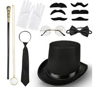 Flotory 13 Pcs 1920s Men Accessories Gentleman Hat Round Head Scepter Bow Tie Beard Magnifying Glass Necklace for Adult Dress Up