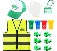 Flotory 14 Pcs Kids Recycle Trash Vest Outfit Garbagemen Costume Set Waste Management Truck Hat Rubbish Bin Gloves ID Card for Recycling Awareness Career Day