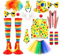 Flotory 15 Pcs Adult Clown Costume Set Include Wig Nose Rainbow Tutu Skirt Hat Clown Costume Accessories for Halloween Men Women Carnival Cosplay