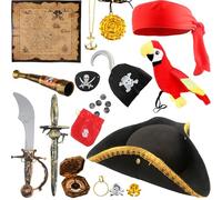 Flotory 16 Pieces Pirate Hat Costume Set for Kids, Stuffed Parrot on the Shoulder, Eye Patches, Colonial Tricorn, Accessories for Boys and Girls, Halloween Party, Cosplay (Color Style 1)