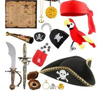 Flotory 16 Pieces Pirate Hat Costume Set for Kids, Stuffed Parrot on the Shoulder, Eye Patches, Colonial Tricorn, Accessories for Boys and Girls, Halloween Party, Cosplay (Color Style 2)
