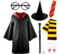 Flotory 17 Pcs Halloween Wizard Costume Set Kids Magic Robe Wizarding World Cloak with Wand Scarf Hat for Cosplay Party Dress Up (M(135-145cm))