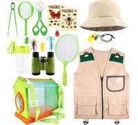 Flotory 17 Pcs Kids Explorer Costume Set Include 1 Adventure Vest 14 Bug Hunting Tools Kit1 Hat 1 Green Binoculars for Boys Girls Outdoor Educational Jungle Safari