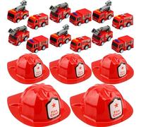 Flotory 24 Pcs Firefighter Party Favors Inlcude 12 Plastic Fireman Hat 12 Mini Pullback Fire Trucks Toy Fire Chief Hat for Kids Firefighter Birthday Bag Filler Gift Party Supplies