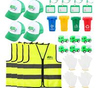 Flotory 26 Pcs Kids Garbagemen Outfit Costume Include Recycle Trash Vest Recycle Hat Waste Management Truck Rubbish Bin Gloves ID Card for Career Day