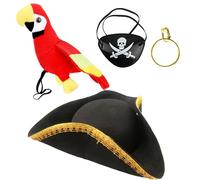 Flotory 4 Pieces Kids Colonial Hat Costume Set with Stuffed Parrot on Shoulder and Eye Patches. Colonial Tricorn Hat for Boys and Girls Halloween Masquerade Party Cosplay
