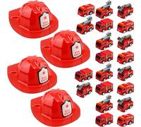 Flotory 40 Pcs Kids Firefighter Party Favors Inlcude 20 Plastic Fireman Helmet 20 Mini Pullback Fire Engine Trucks Fire Chief Hat for Boys Girls Cosplay Accessory Bag Filler Gift