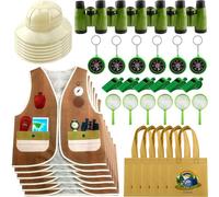 Flotory 42 Pcs Kids Explorer Costume Set Include 6 Vest 6 Adventure HatsTote Bag 6 Binoculars 6 Compass 6 Whistle 6 Magnifying Glass for Boys Girls Jungle Safari Halloween